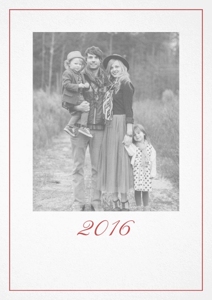 Photo card with red border, photo field and editable 2015 text. Red.