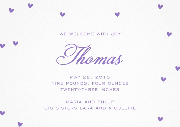 Birth announcement with purple hearts.