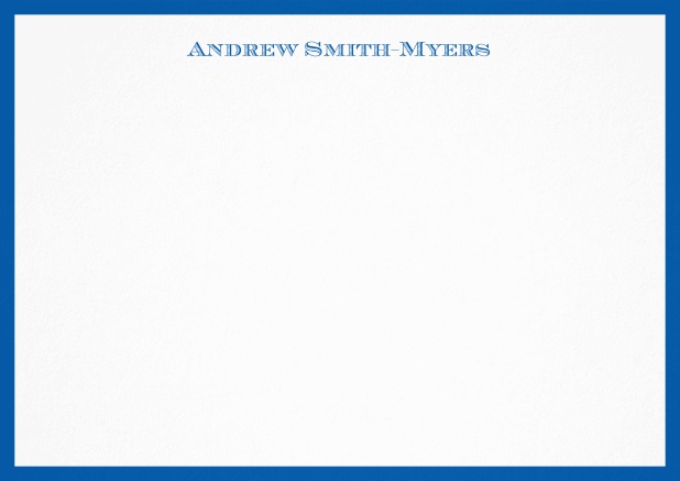 White correspondence card with blue frame and name at top. Blue.