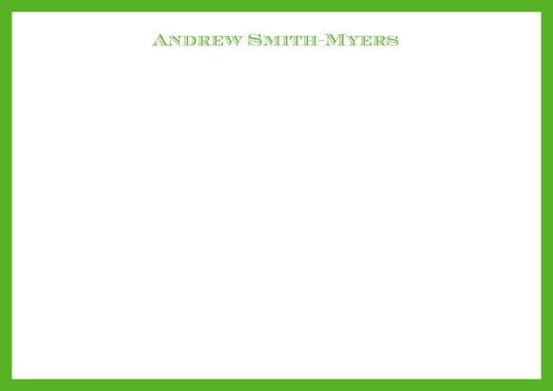 White online correspondence card with blue frame and name at top. Green.