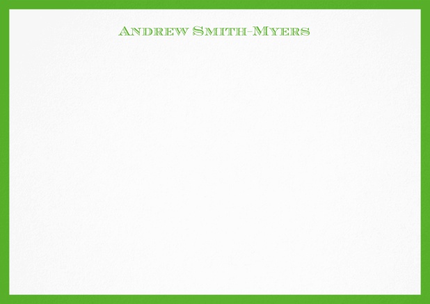 White correspondence card with blue frame and name at top. Green.
