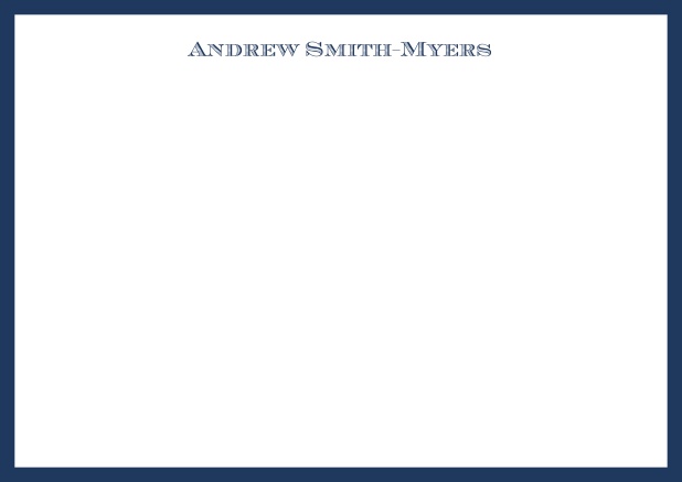 White online correspondence card with blue frame and name at top. Navy.