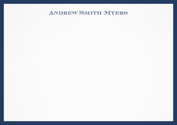 White correspondence card with blue frame and name at top. Navy.