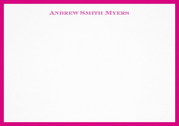White correspondence card with blue frame and name at top. Pink.