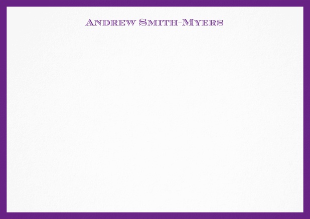White correspondence card with blue frame and name at top. Purple.