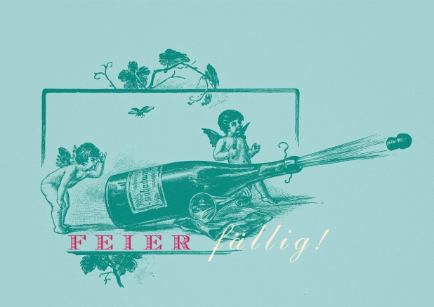 Türkise Einladungskarte mit Engeln und Champagnerflasche für Feiern.