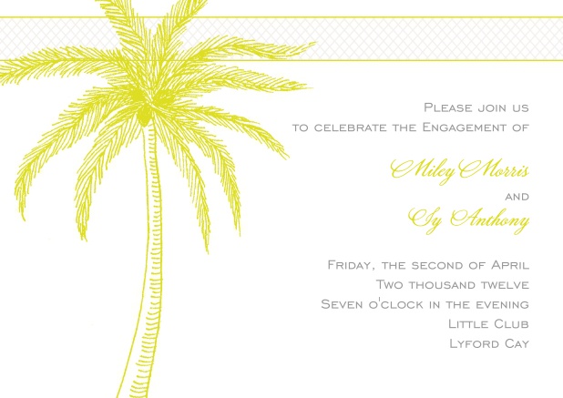 Weiße Hochzeitseinladungskarte mit gelber Palme.