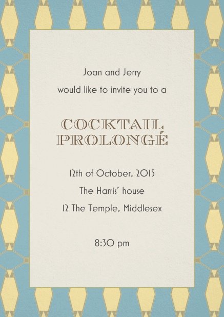 Cocktail invitation card with art nouveau gold and blue frame and editable text.