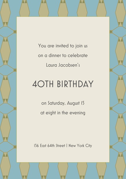 Online invitation for 40th birthday with patterned frame and text in the middle.