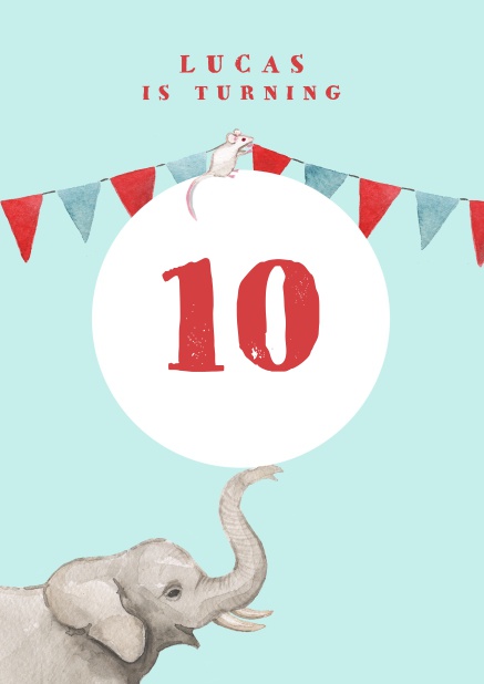 Online invitation to a 10th birthday party with elephant and garland.