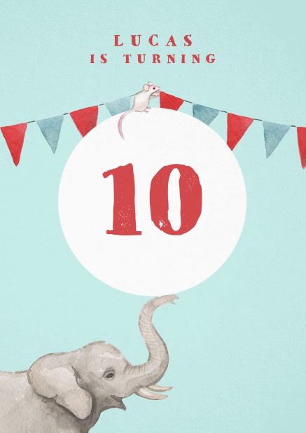 Invitation to a 10th birthday party with elephant and garland.