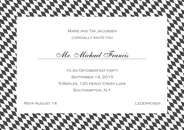 Classic online invitation card with blue-white frame, editable text and line for personal addressing. Grey.