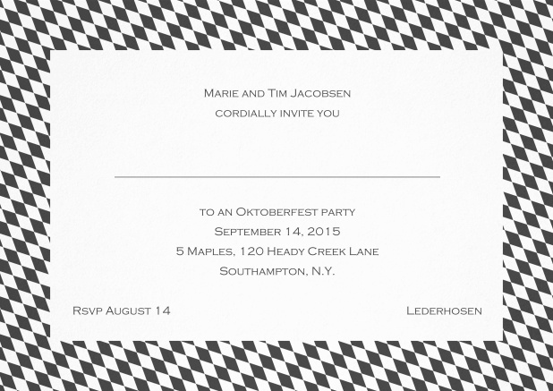 Classic invitation card with blue-white frame, editable text and line for personal addressing. Grey.