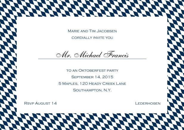 Classic online invitation card with blue-white frame, editable text and line for personal addressing. Navy.