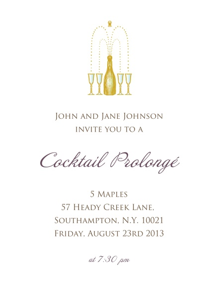 Online Einladungskarte in hochkant für Cocktails und Geburtstagseinladungen mit Champagnerflasche, die sich in Gläser öffnet.