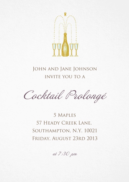 Einladungskarte für Cocktails und Geburtstagseinladungen mit Champagnerflasche, die sich in Gläser öffnet.