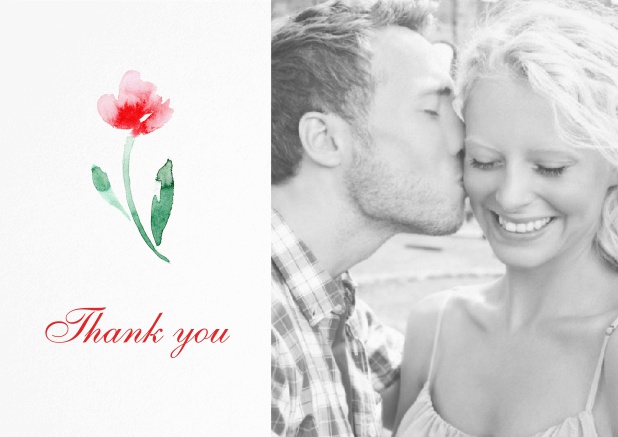 Thank you card with a red rose in water color and a photo option on the right.