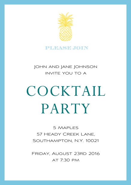 Online Sommer Cocktail Party Einladungskarte mit Ananas und farbigem Rahmen Blau.