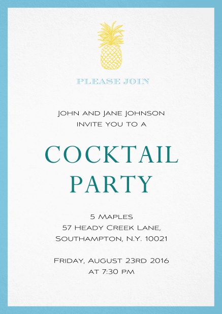 Sommer Cocktail Party Einladungskarte mit Ananas und farbigem Rahmen Blau.
