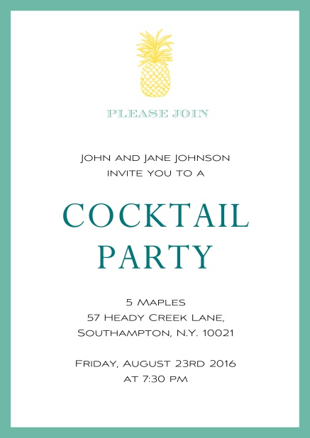 Online Sommer Cocktail Party Einladungskarte mit Ananas und farbigem Rahmen Grün.
