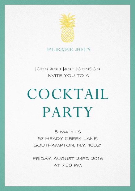 Sommer Cocktail Party Einladungskarte mit Ananas und farbigem Rahmen Grün.