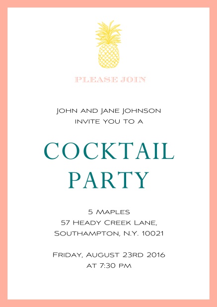 Online Summer cocktails invitation with pine apple and colorful frame. Pink.