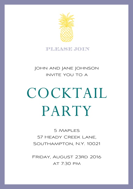 Online Summer cocktails invitation with pine apple and colorful frame. Purple.