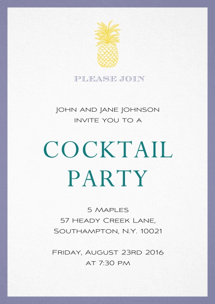 Summer cocktails invitation with pine apple and colorful frame. Purple.