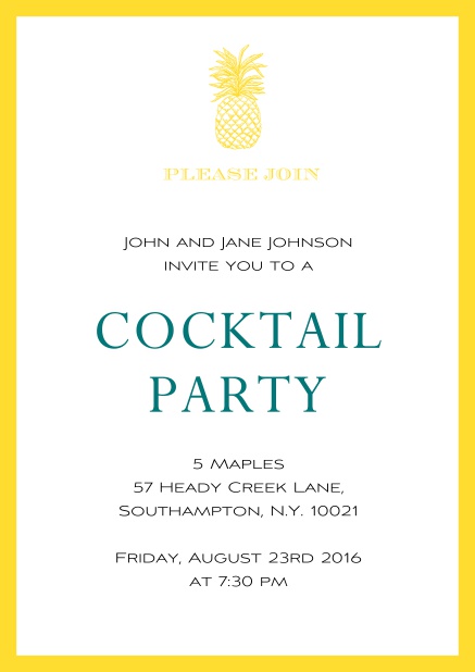 Online Sommer Cocktail Party Einladungskarte mit Ananas und farbigem Rahmen Gelb.