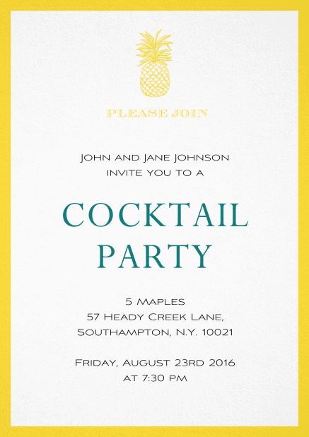 Summer cocktails invitation with pine apple and colorful frame. Yellow.