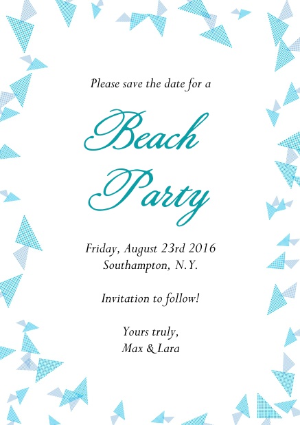 Online Partyeinladung am Strand mit blauer Deko als Rahmen.