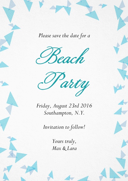 Partyeinladung am Strand mit blauer Deko als Rahmen.