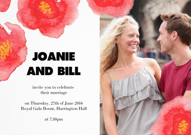 Wedding invitation with red flowers over a photo field.