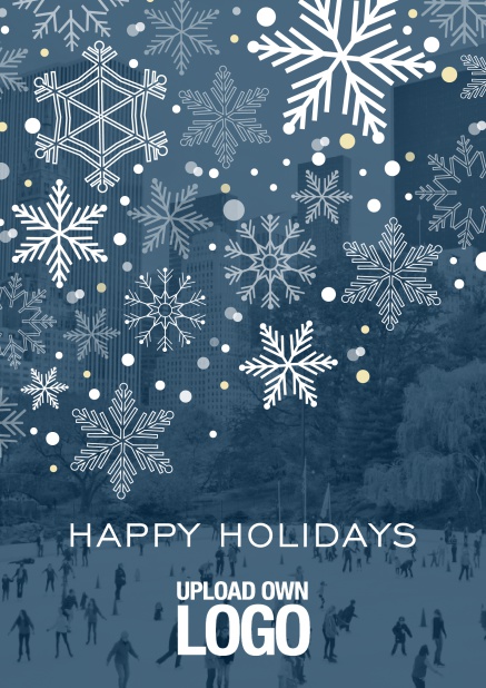 Online Weihnachtskarte geschäftlich mit Foto hinter einer blauen Transparenz für Schift und Logo