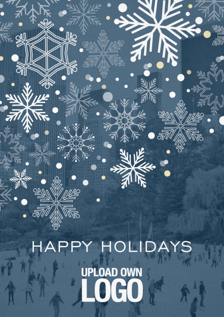 Corporate Christmas photo card with snow flakes, blue transparency and logo option.