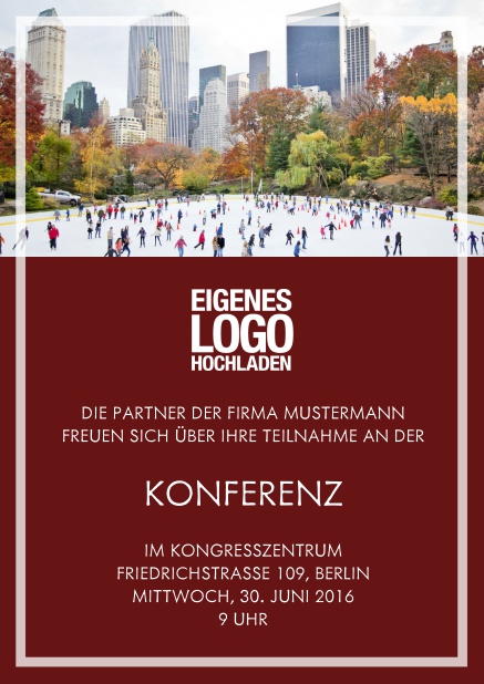 Online Einladungskarte zum Firmenevent mit Fotofeld und transparentem Rahmen. Rot.