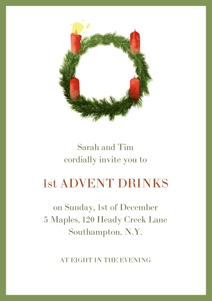 Online Advent invitation card with one burning candles. Green.