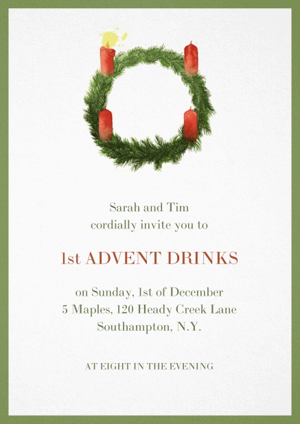 Advent invitation card with one burning candles. Green.