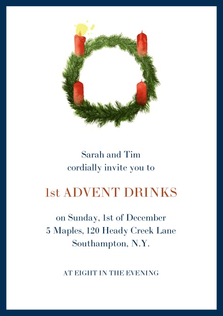 Online Advent invitation card with one burning candles. Navy.