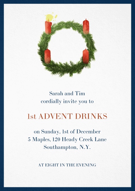 Advent invitation card with one burning candles. Navy.