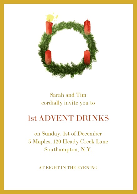 Online Advent invitation card with one burning candles. Yellow.