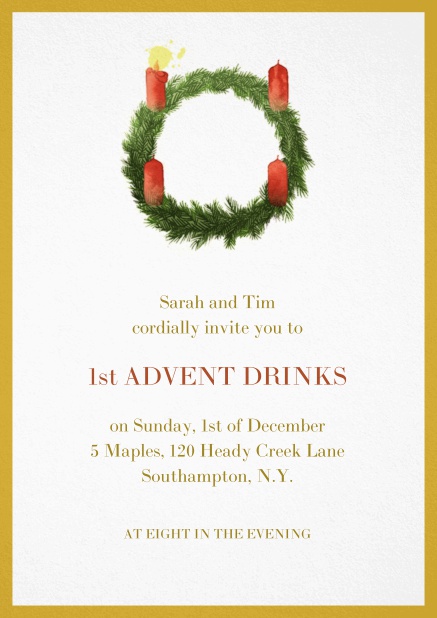 Advent invitation card with one burning candles. Yellow.