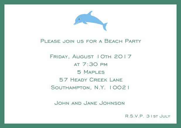 Online Invitation card with dolphine and matching colorful frame. Green.