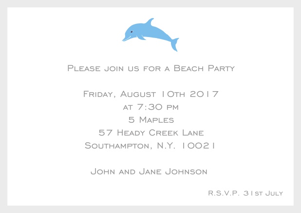 Online Invitation card with dolphine and matching colorful frame. Grey.