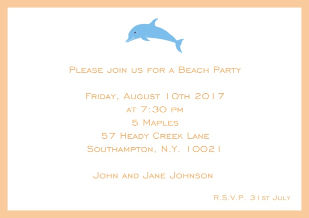 Online Invitation card with dolphine and matching colorful frame. Orange.