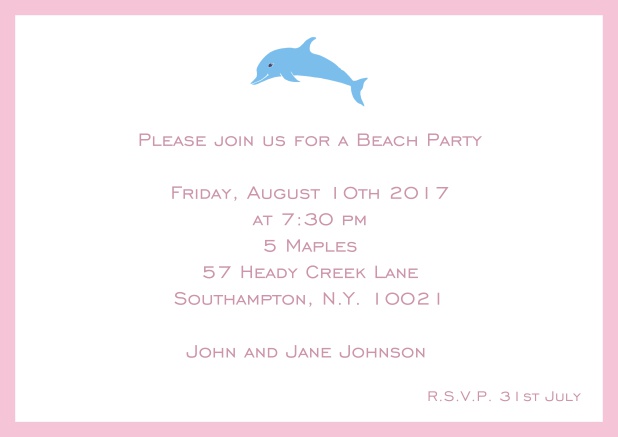 Online Invitation card with dolphine and matching colorful frame. Pink.