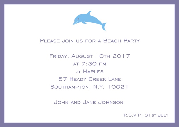 Online Invitation card with dolphine and matching colorful frame. Purple.