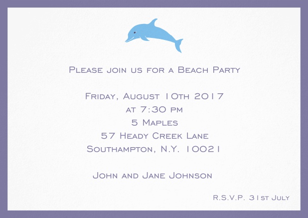 Invitation card with dolphine and matching colorful frame. Purple.