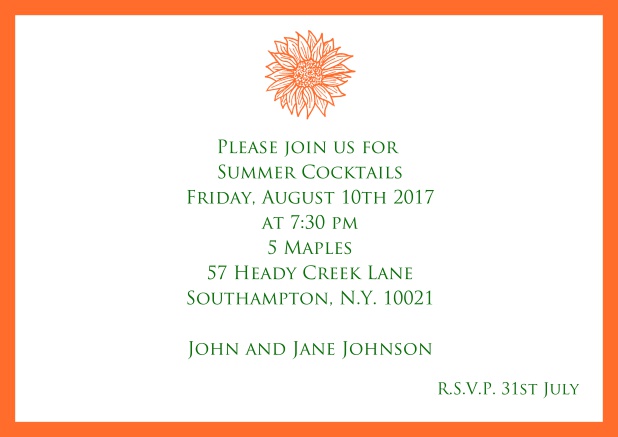 Online Invitation card with beautiful flower and matching colorful frame. Orange.