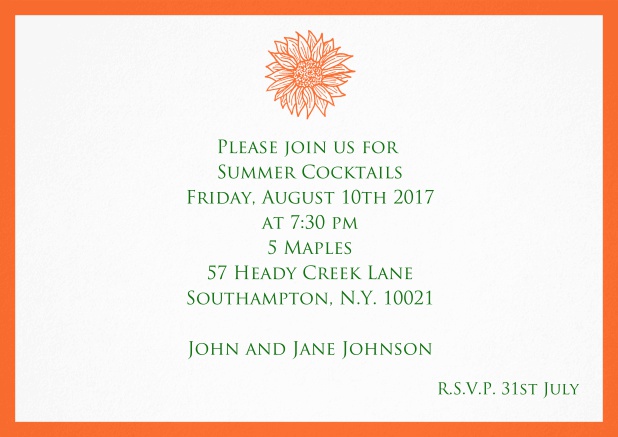 Invitation card with beautiful flower and matching colorful frame. Orange.
